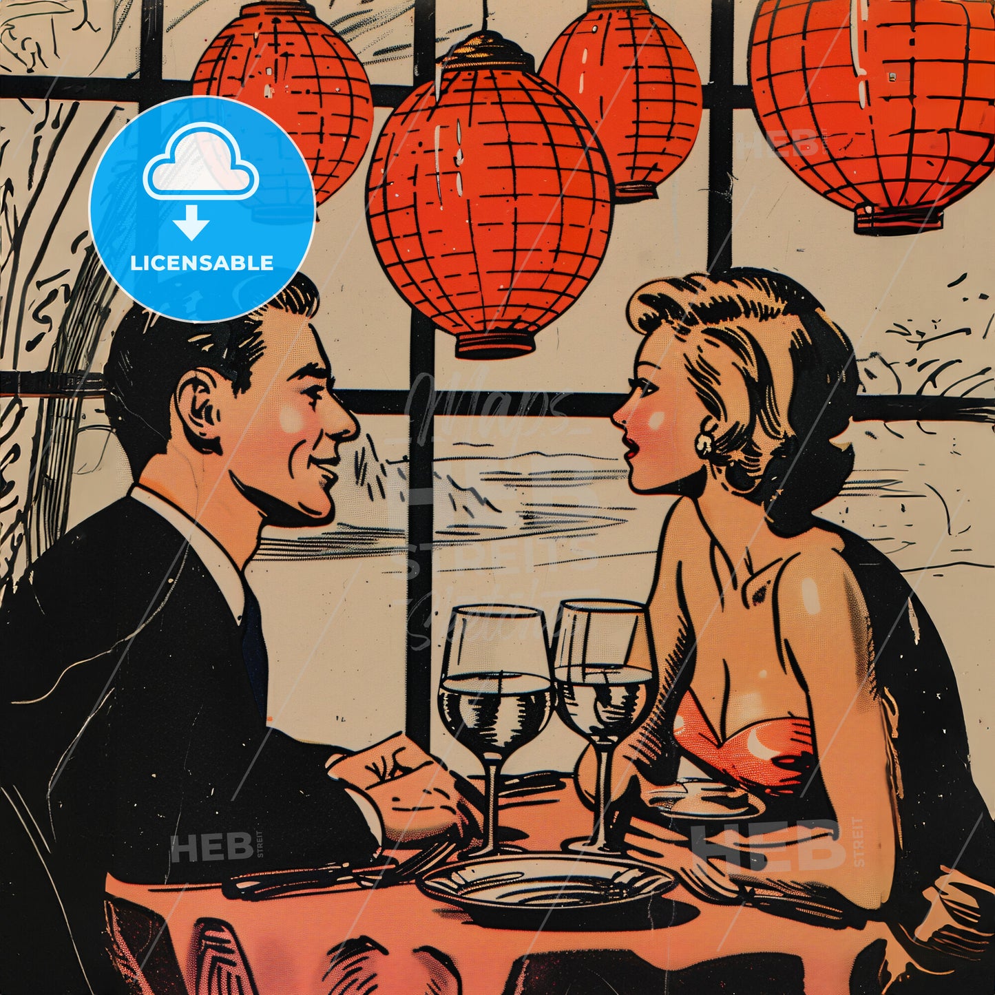 A Man And Woman Sitting At A Table With Wine Glasses