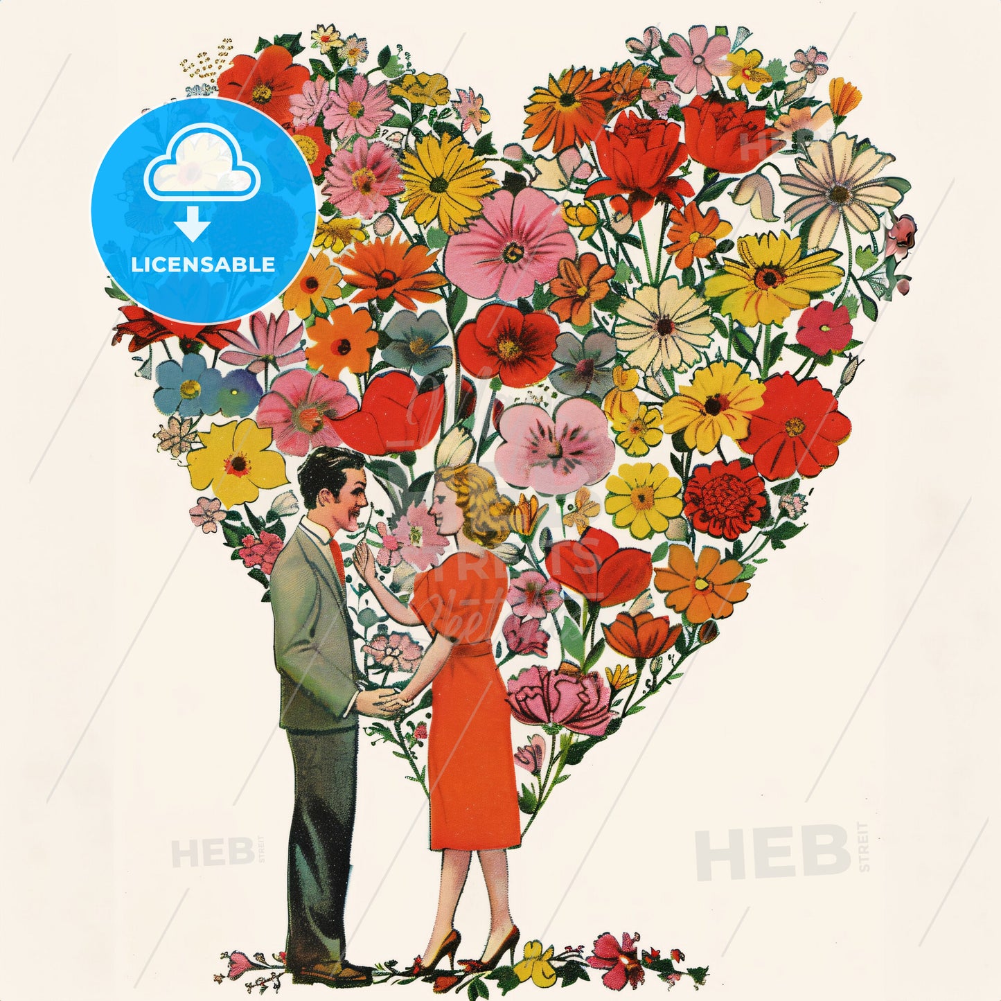 A Man And Woman Holding Hands And Standing Next To A Heart Shaped Flower