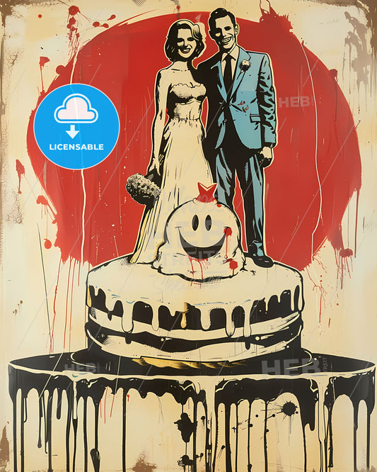 Colorful 1970s Pop Art Wedding Poster: Retro Bride and Groom on Cake, Acid Smiley Background