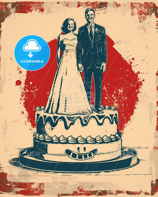 Pop Art Wedding Bliss: Retro 1970s Poster of Bride & Groom on Cute Wedding Cake with Acid Smiley Symbol in Vibrant Colors!