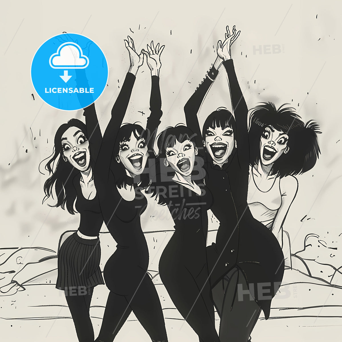 2d, simple line illustrations - A group of women with their arms up