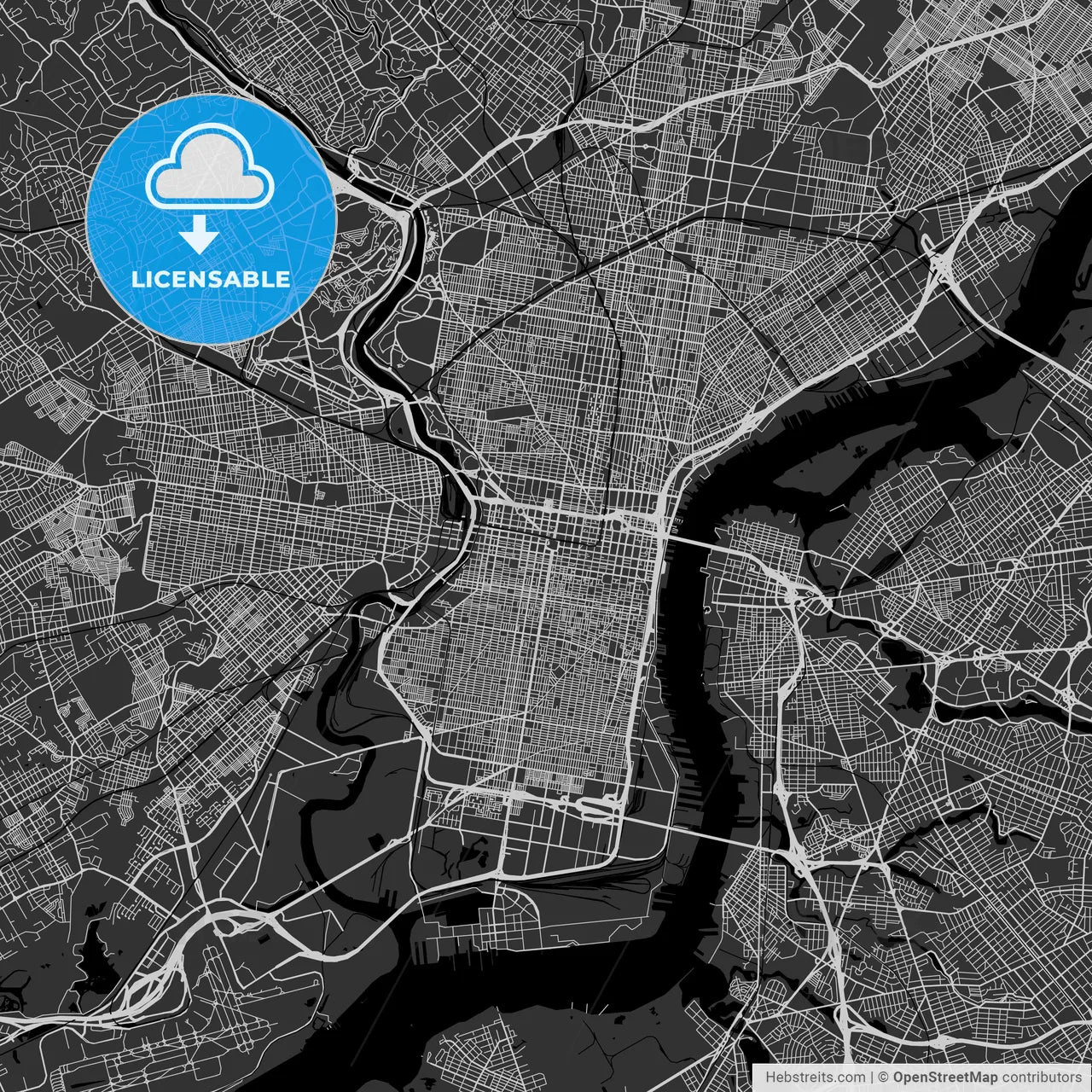 Philadelphia, Pennsylvania - Area Map - Dark