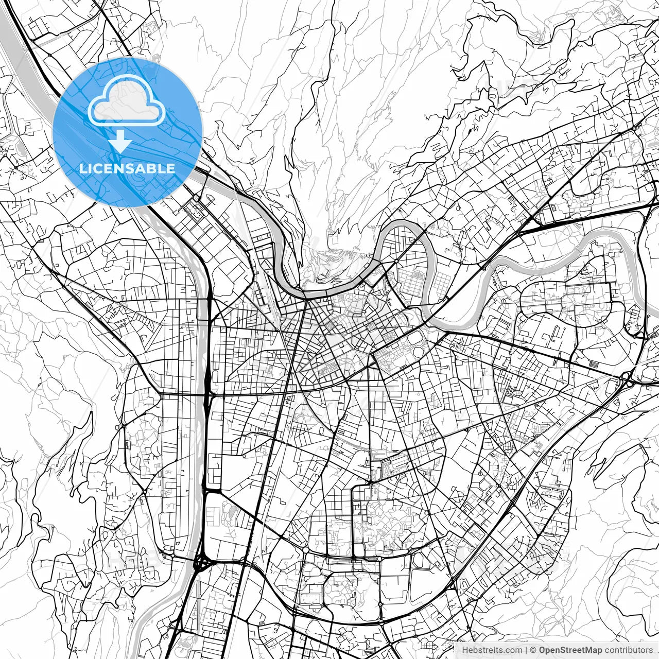 Grenoble, Isère, downtown map, light