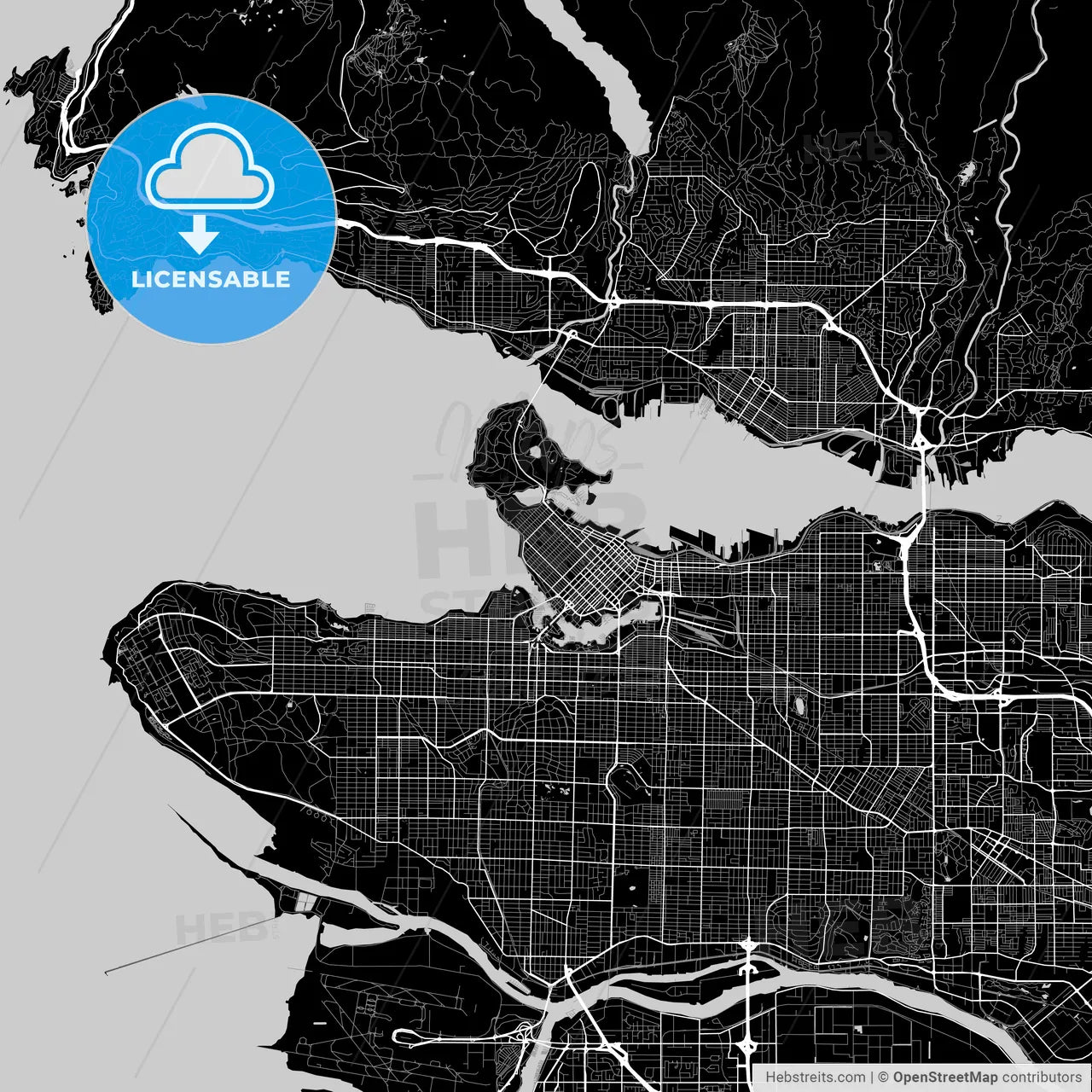 Vancouver, British Columbia, Area Map, Dark