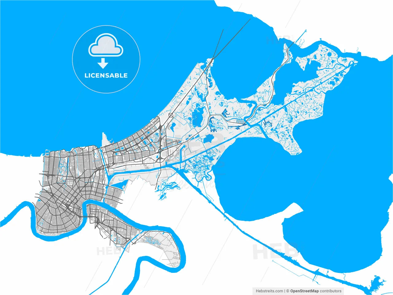 New Orleans, Louisiana, United States, high resolution vector map - Instant download PDF and JPG