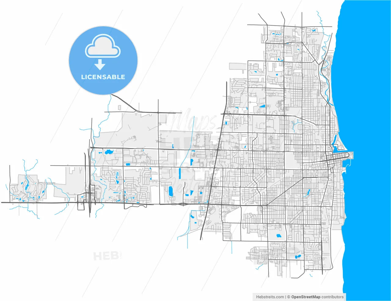 Kenosha, Wisconsin, United States, high resolution vector map - Instant download PDF and JPG