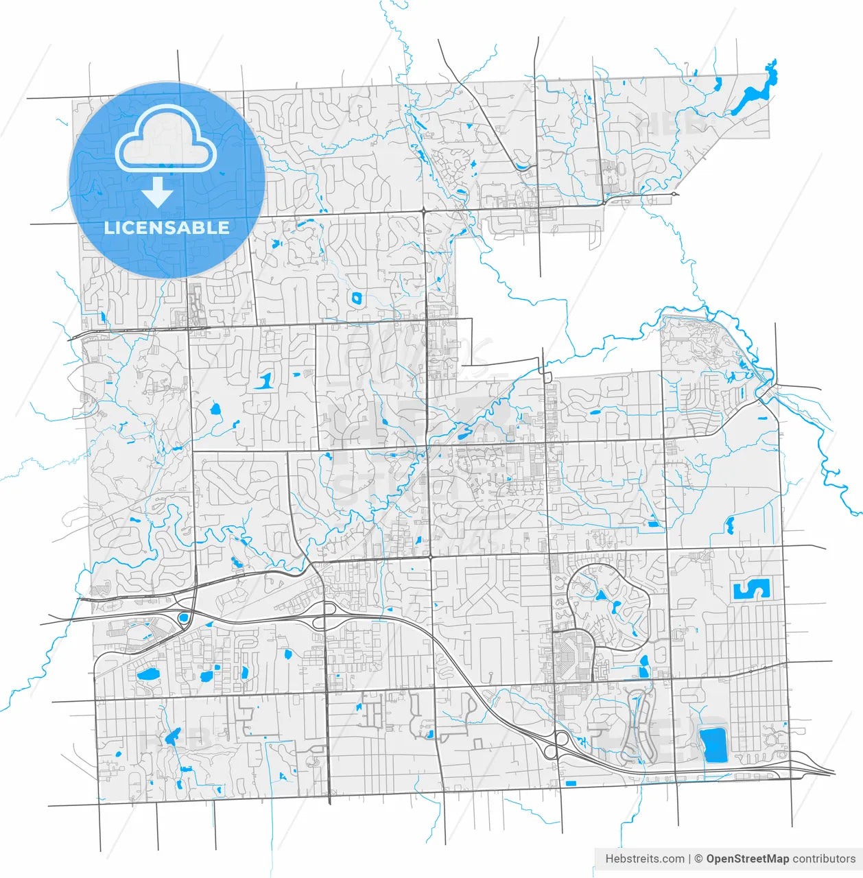 Rochester Hills, Michigan, United States, high resolution vector map - Instant download PDF and JPG