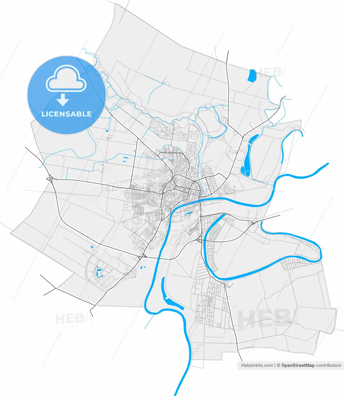 Szolnok, Jász-Nagykun-Szolnok, Hungary, high resolution vector map - Instant download PDF and JPG