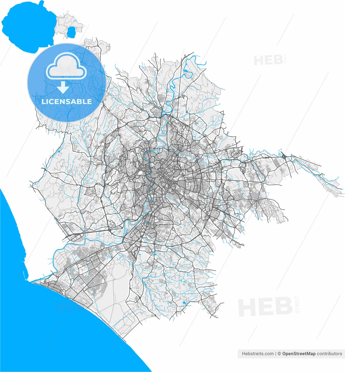 Rome, Lazio, Italy, high resolution vector map - Instant download PDF and JPG