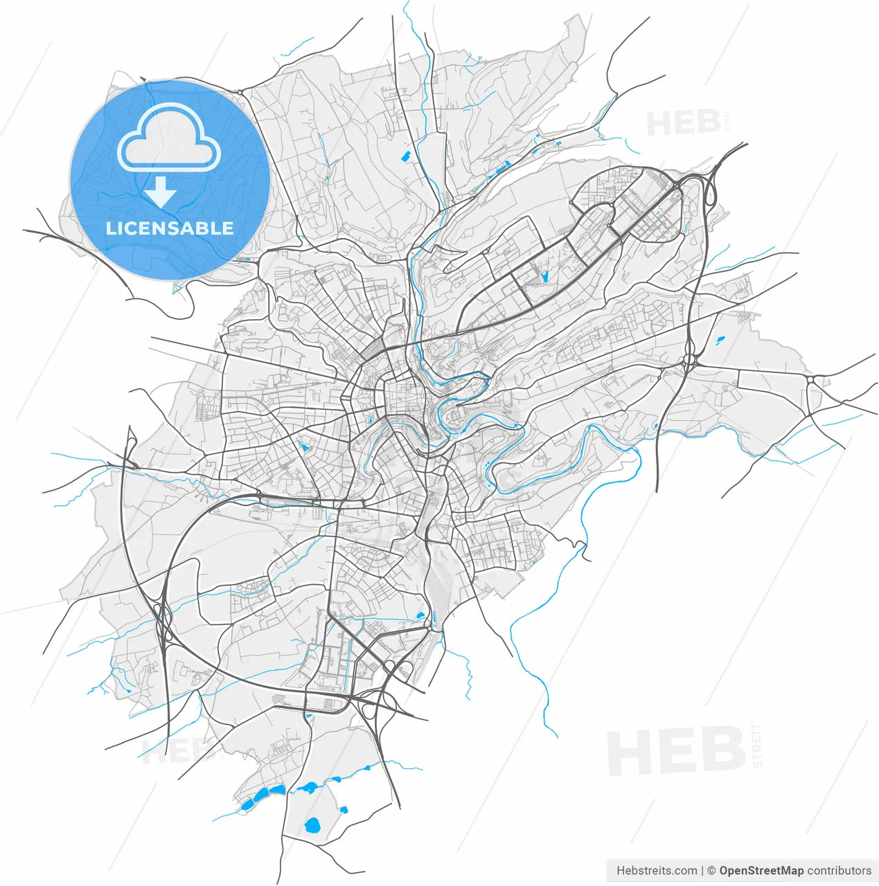 Luxembourg City, Luxembourg, Luxembourg, high resolution vector map - Instant download PDF and JPG