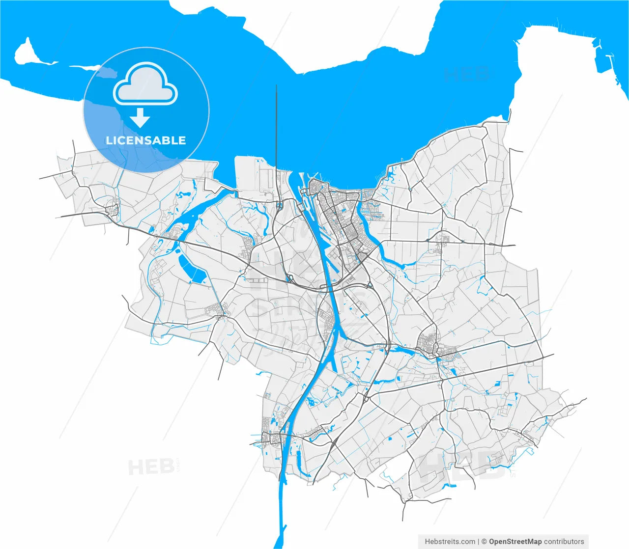 Terneuzen, Zeeland, Netherlands, high resolution vector map - Instant download PDF and JPG