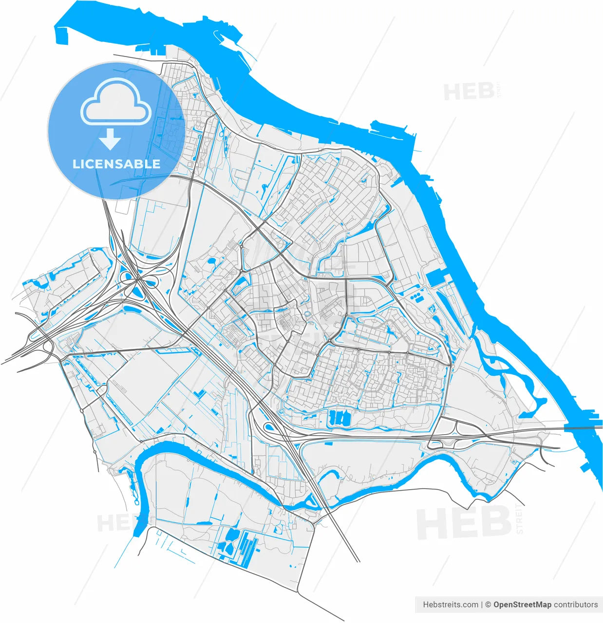 Ridderkerk, South Holland, Netherlands, high resolution vector map - Instant download PDF and JPG