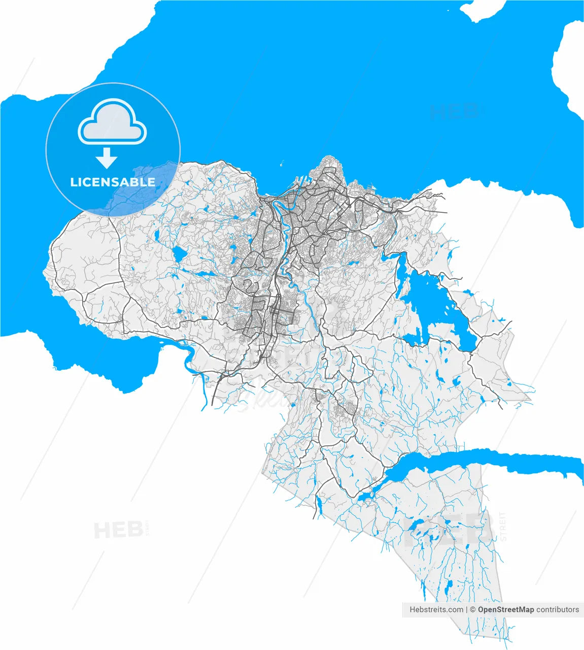 Trondheim, Trøndelag, Norway, high resolution vector map - Instant download PDF and JPG