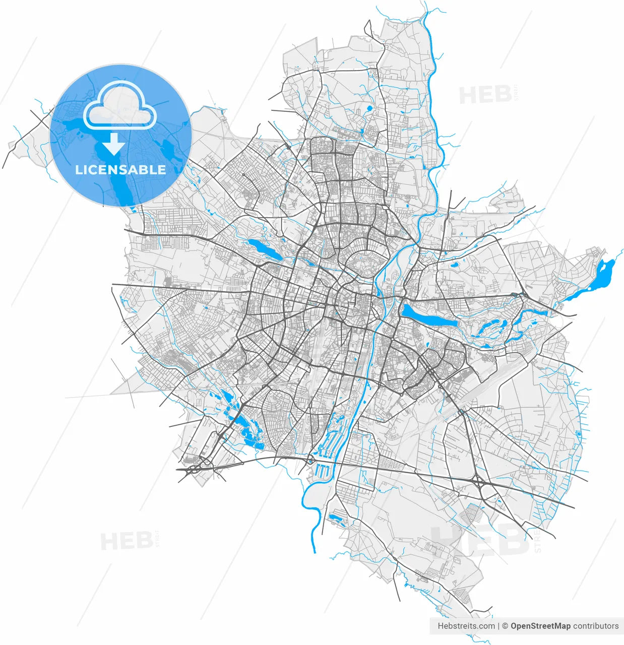 Poznań, Greater Poland, Poland, high resolution vector map - Instant download PDF and JPG