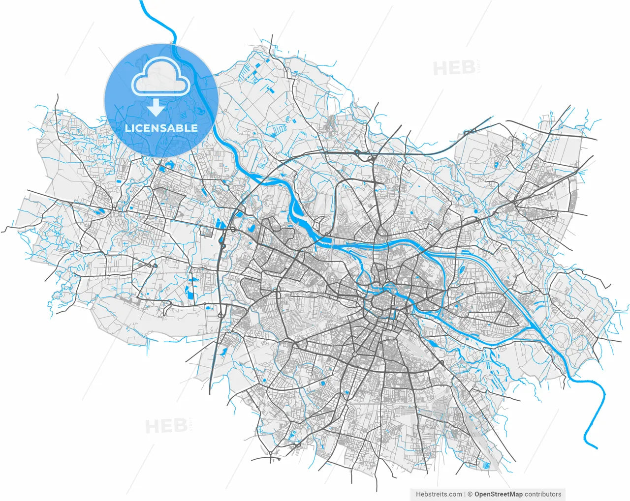 Wrocław, Lower Silesian, Poland, high resolution vector map - Instant download PDF and JPG
