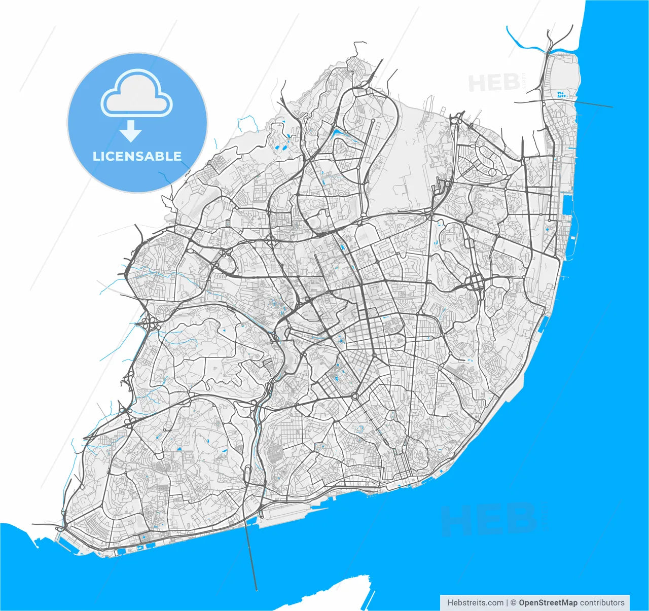 Lisbon, Lisbon, Portugal, high resolution vector map - Instant download PDF and JPG