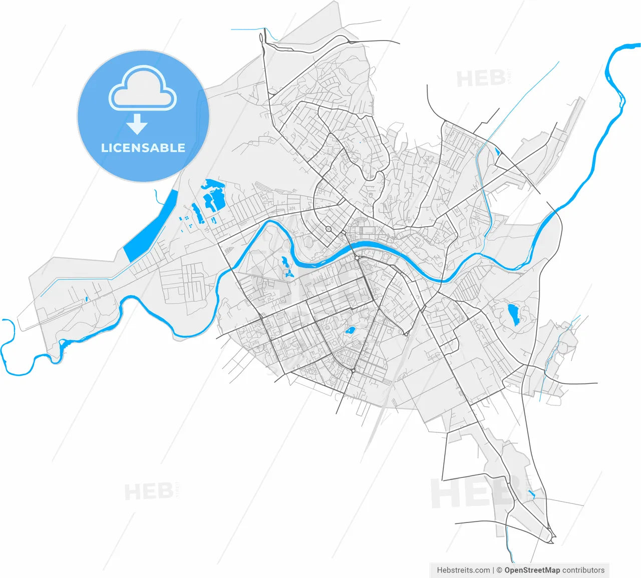 Uzhhorod, Zakarpattia Oblast, Ukraine, high resolution vector map - Instant download PDF and JPG