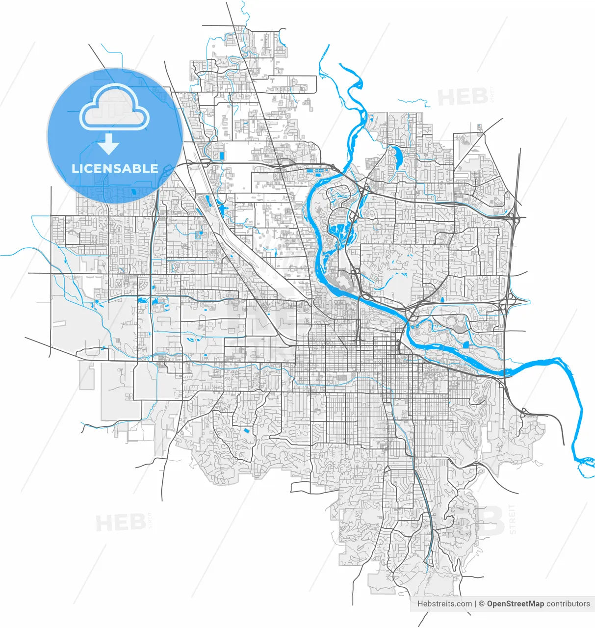 Eugene, Oregon, United States, high resolution vector map - Instant download PDF and JPG