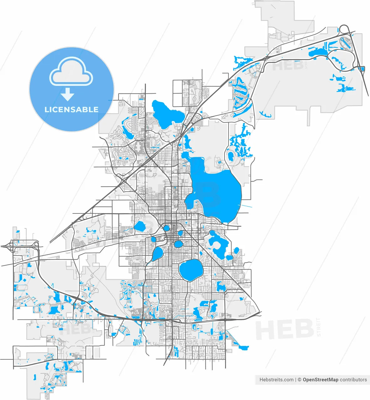 Lakeland, Florida, United States, high resolution vector map - Instant download PDF and JPG