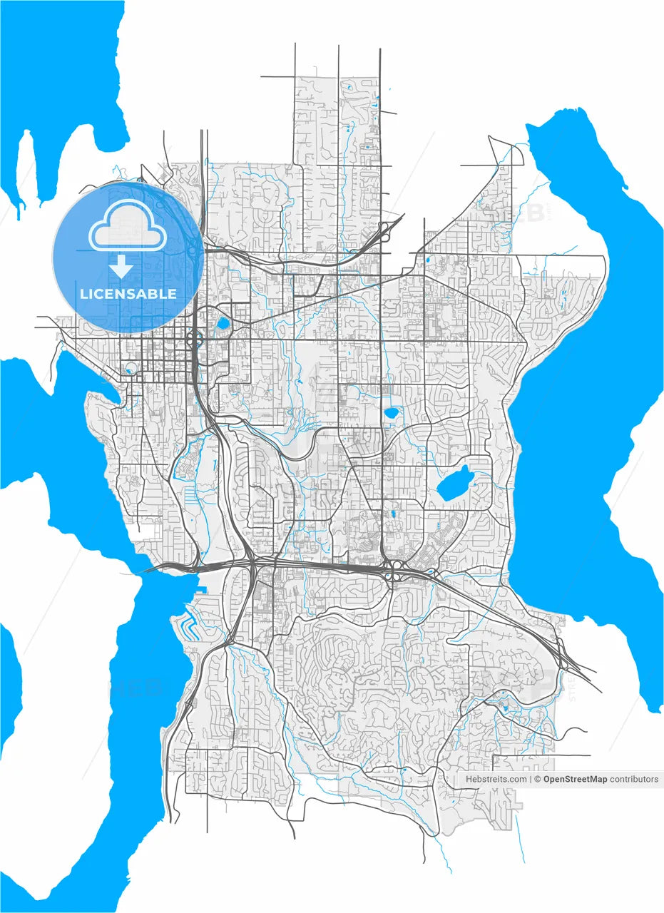 Bellevue, Washington, United States, high resolution vector map - Instant download PDF and JPG