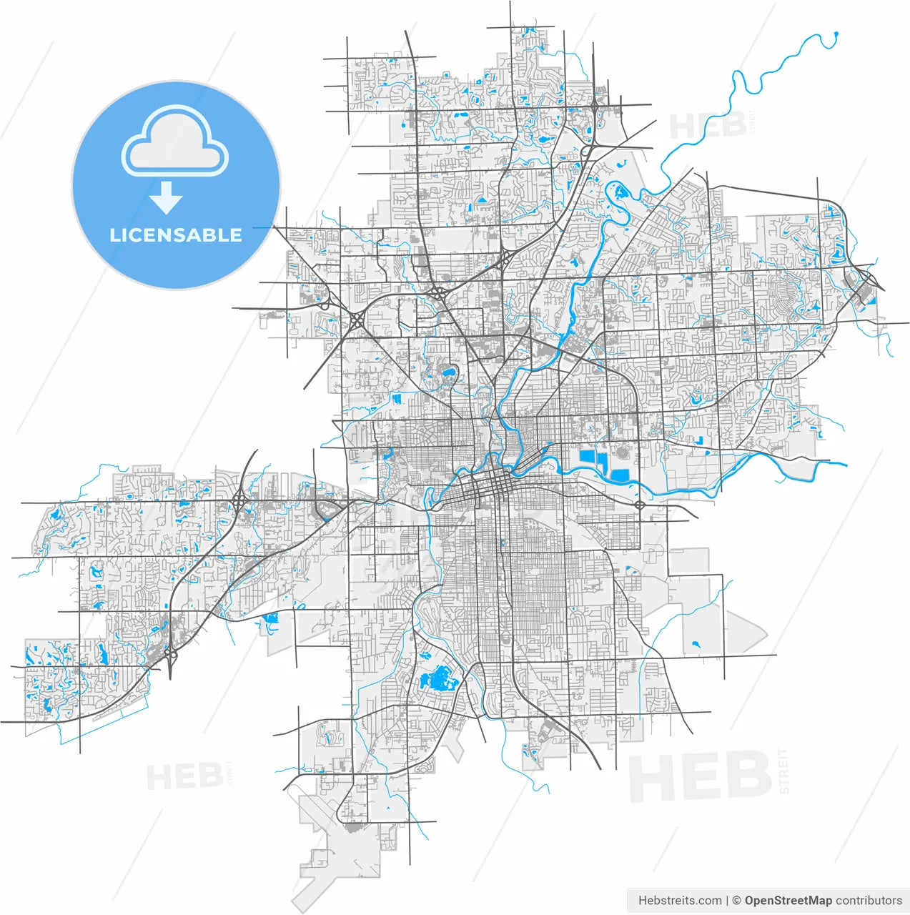 Fort Wayne, Indiana, United States, high resolution vector map - Instant download PDF and JPG