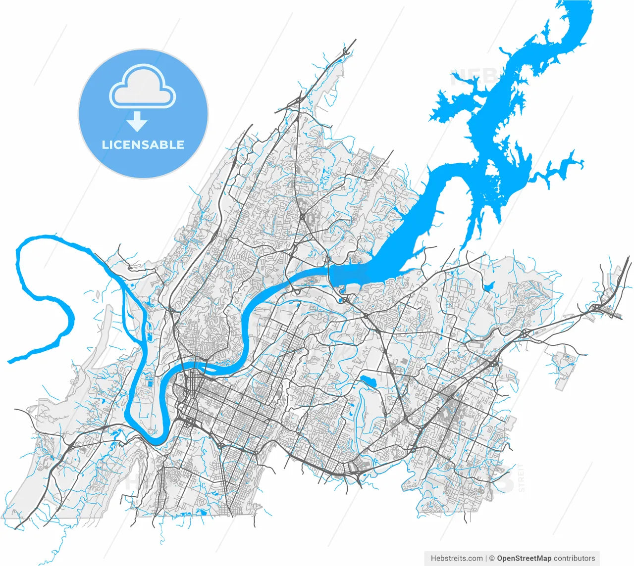 Chattanooga, Tennessee, United States, high resolution vector map - Instant download PDF and JPG