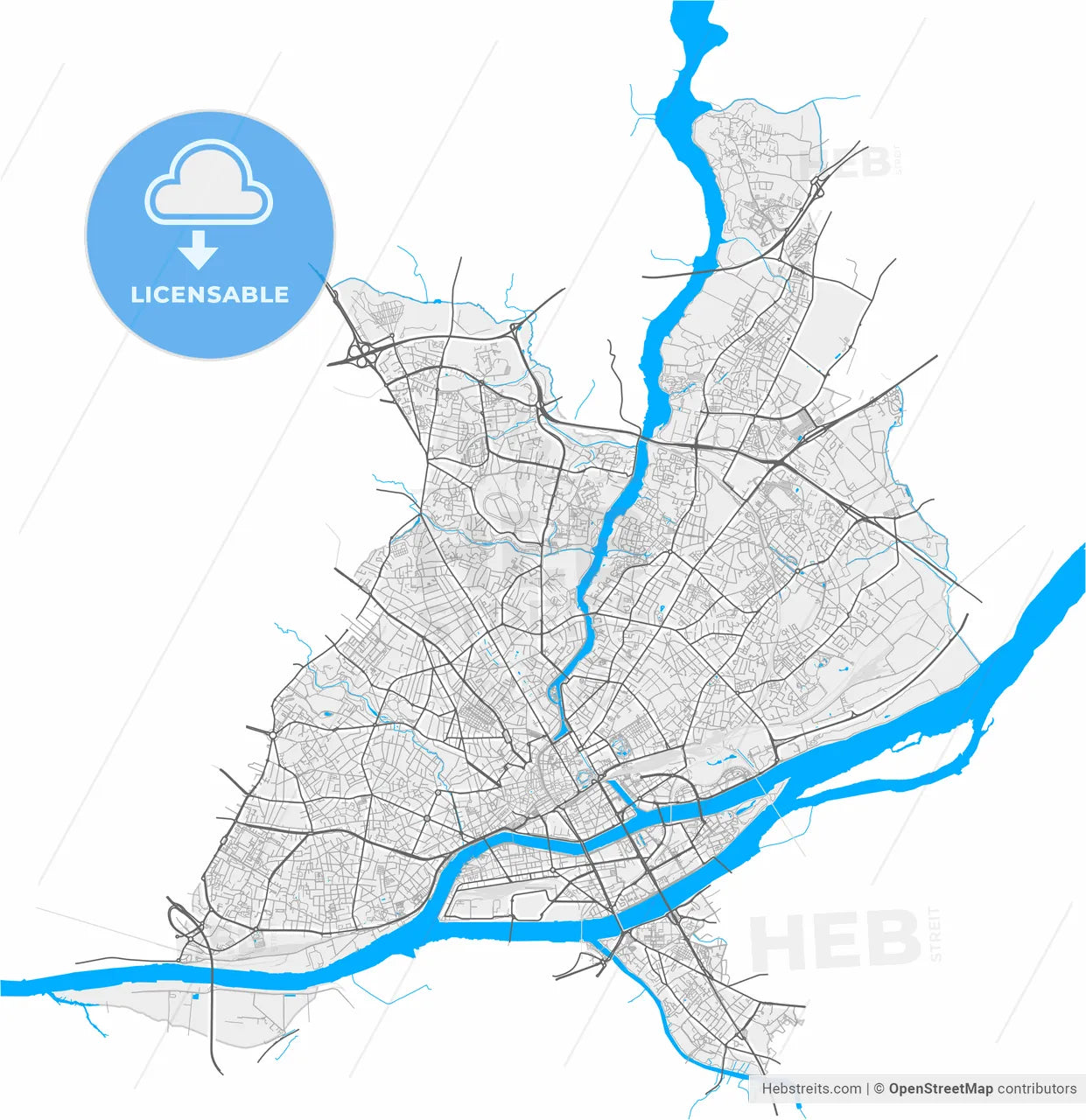 Nantes, Loire-Atlantique, France, high resolution vector map - Instant download PDF and JPG