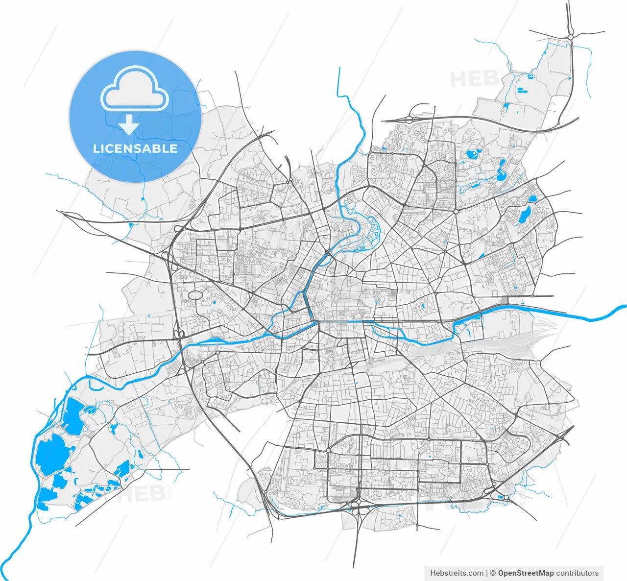 Rennes, Ille-et-Vilaine, France, high resolution vector map - Instant download PDF and JPG