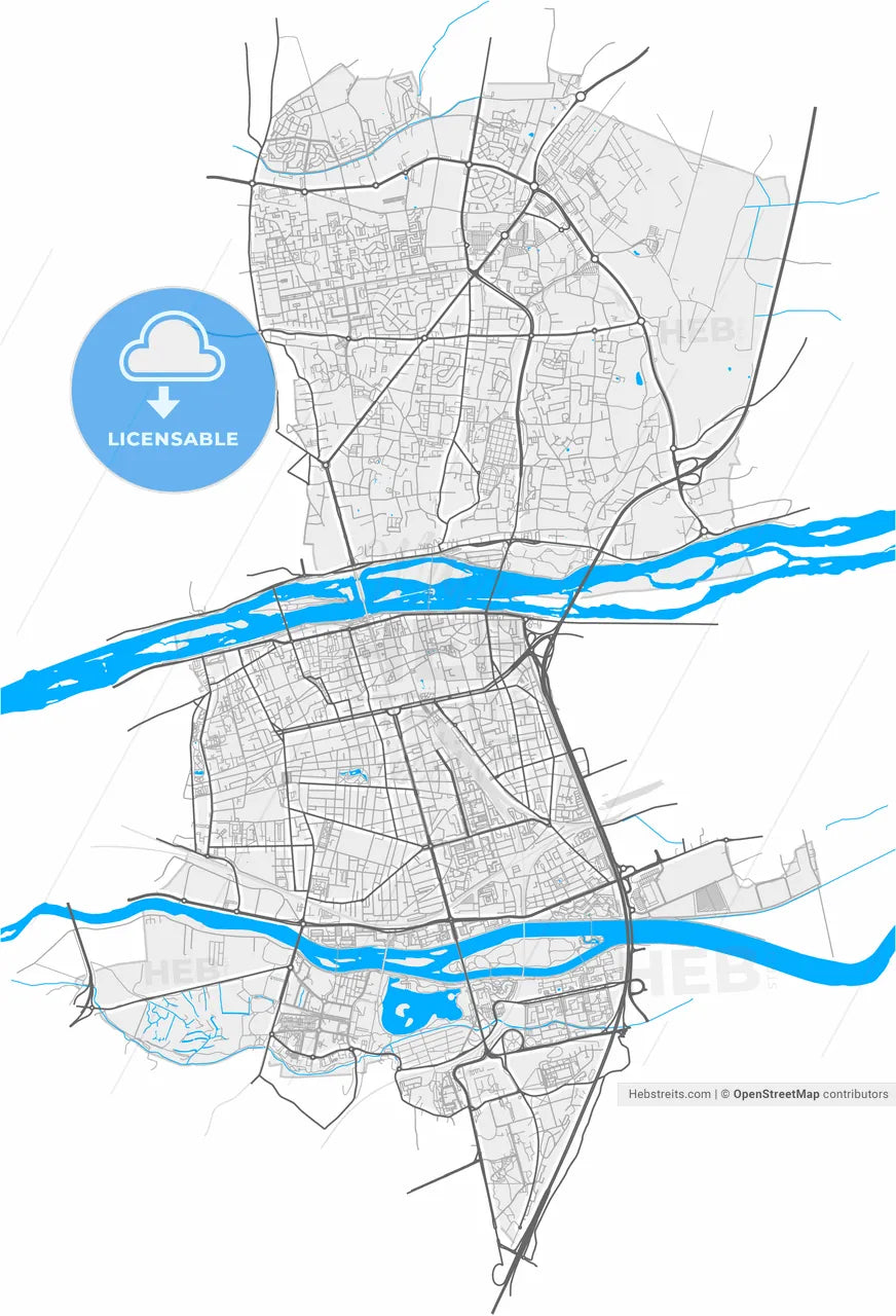 Tours, Indre-et-Loire, France, high resolution vector map - Instant download PDF and JPG