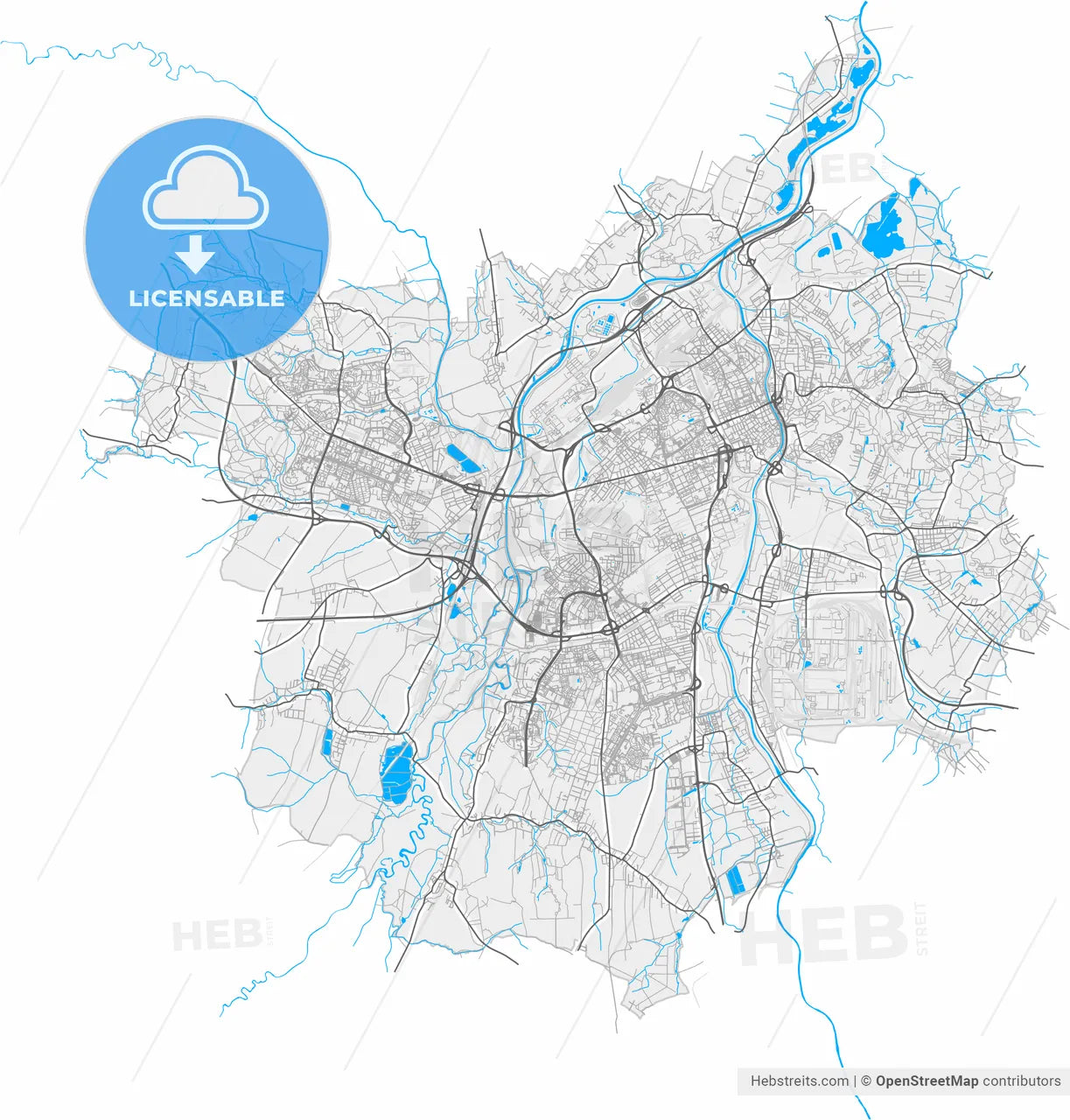 Ostrava, Czechia, high resolution vector map - Instant download PDF and JPG