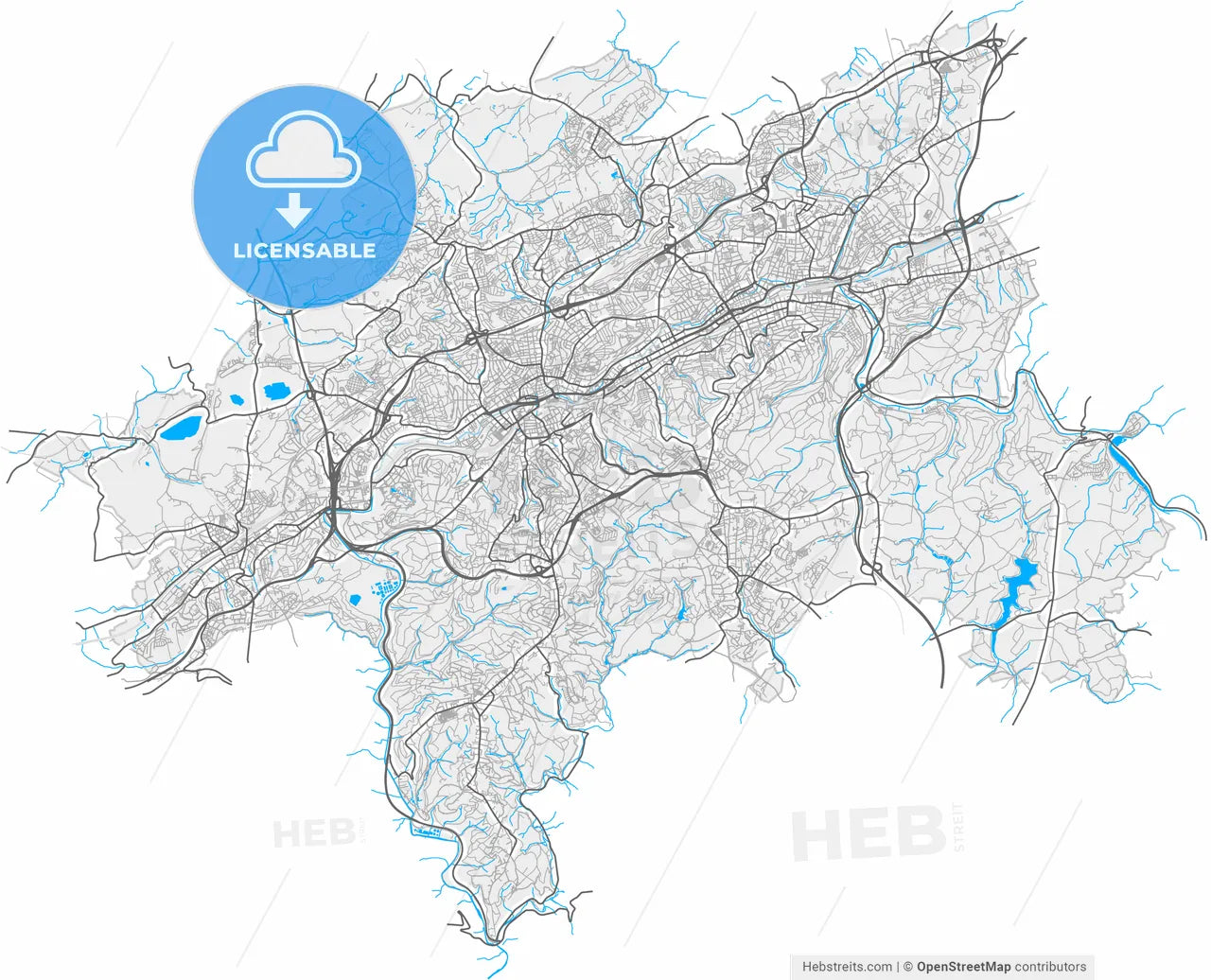 Wuppertal, North Rhine-Westphalia, Germany, high resolution vector map - Instant download PDF and JPG