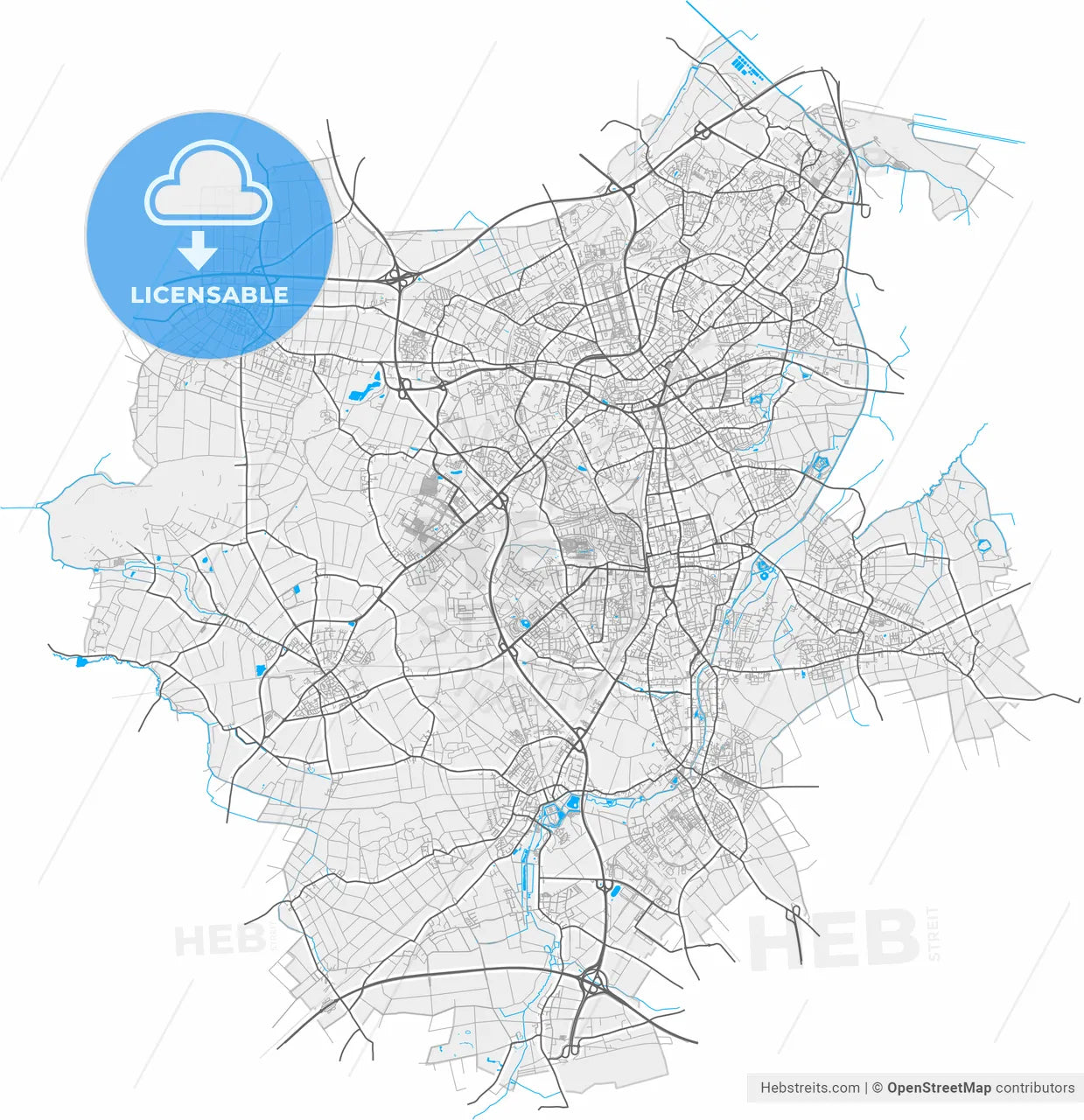 Monchengladbach, North Rhine-Westphalia, Germany, high resolution vector map - Instant download PDF and JPG