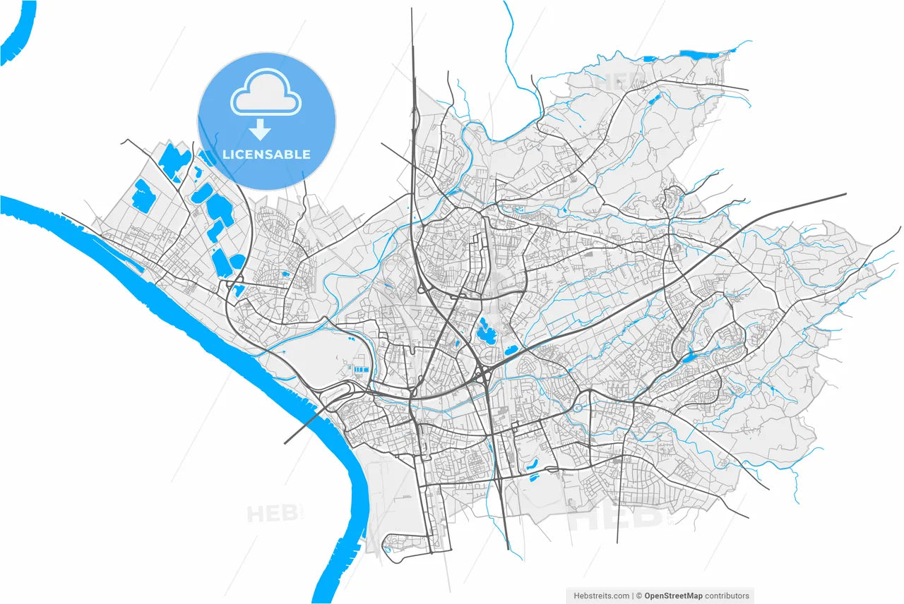 Leverkusen, North Rhine-Westphalia, Germany, high resolution vector map - Instant download PDF and JPG