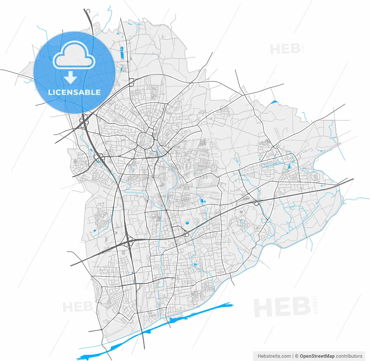 Recklinghausen, North Rhine-Westphalia, Germany, high resolution vector map - Instant download PDF and JPG