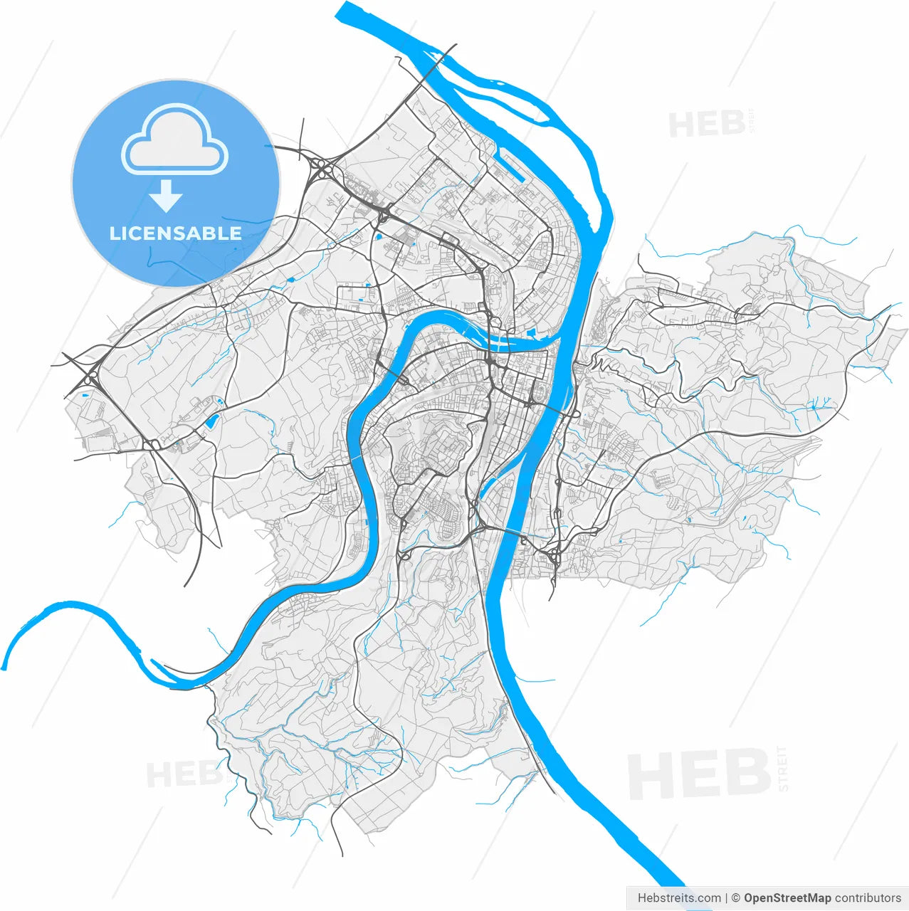 Koblenz, Rheinland-Pfalz, Germany, high resolution vector map - Instant download PDF and JPG