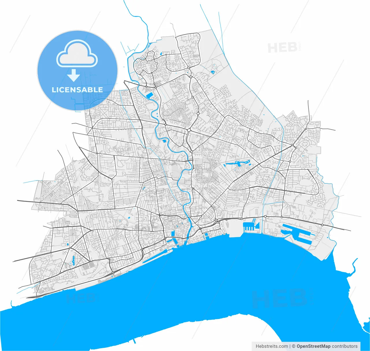 Kingston upon Hull, Yorkshire and the Humber, England, high resolution vector map - Instant download PDF and JPG