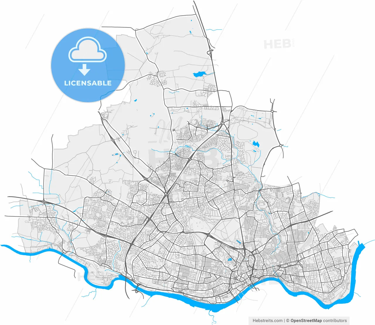 Newcastle upon Tyne, North East England, England, high resolution vector map - Instant download PDF and JPG