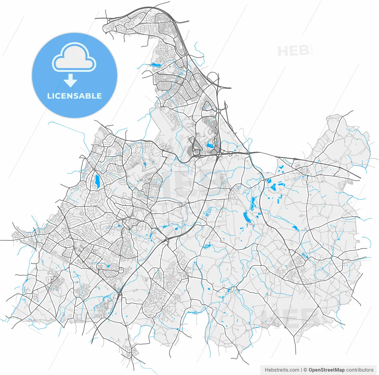 Solihull, West Midlands, England, high resolution vector map - Instant download PDF and JPG