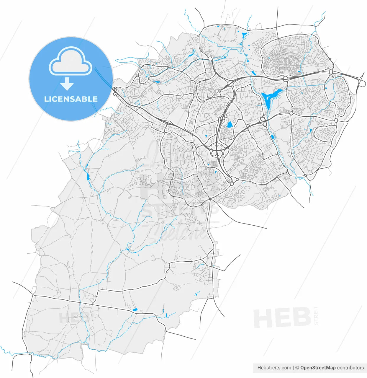 Redditch, West Midlands, England, high resolution vector map - Instant download PDF and JPG