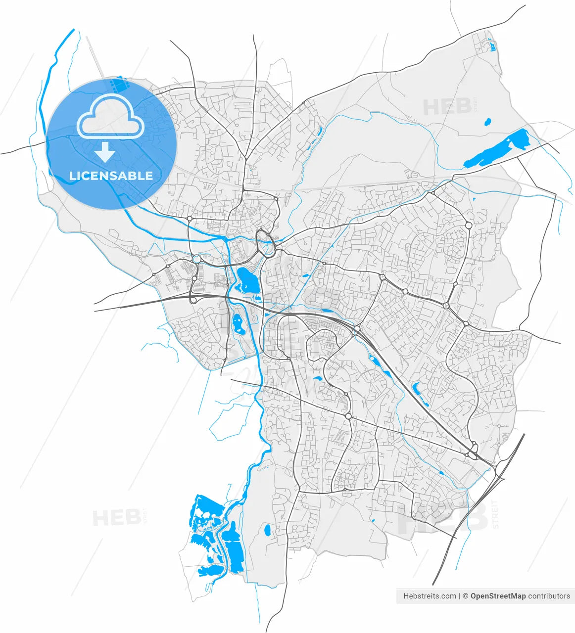 Tamworth, West Midlands, England, high resolution vector map - Instant download PDF and JPG