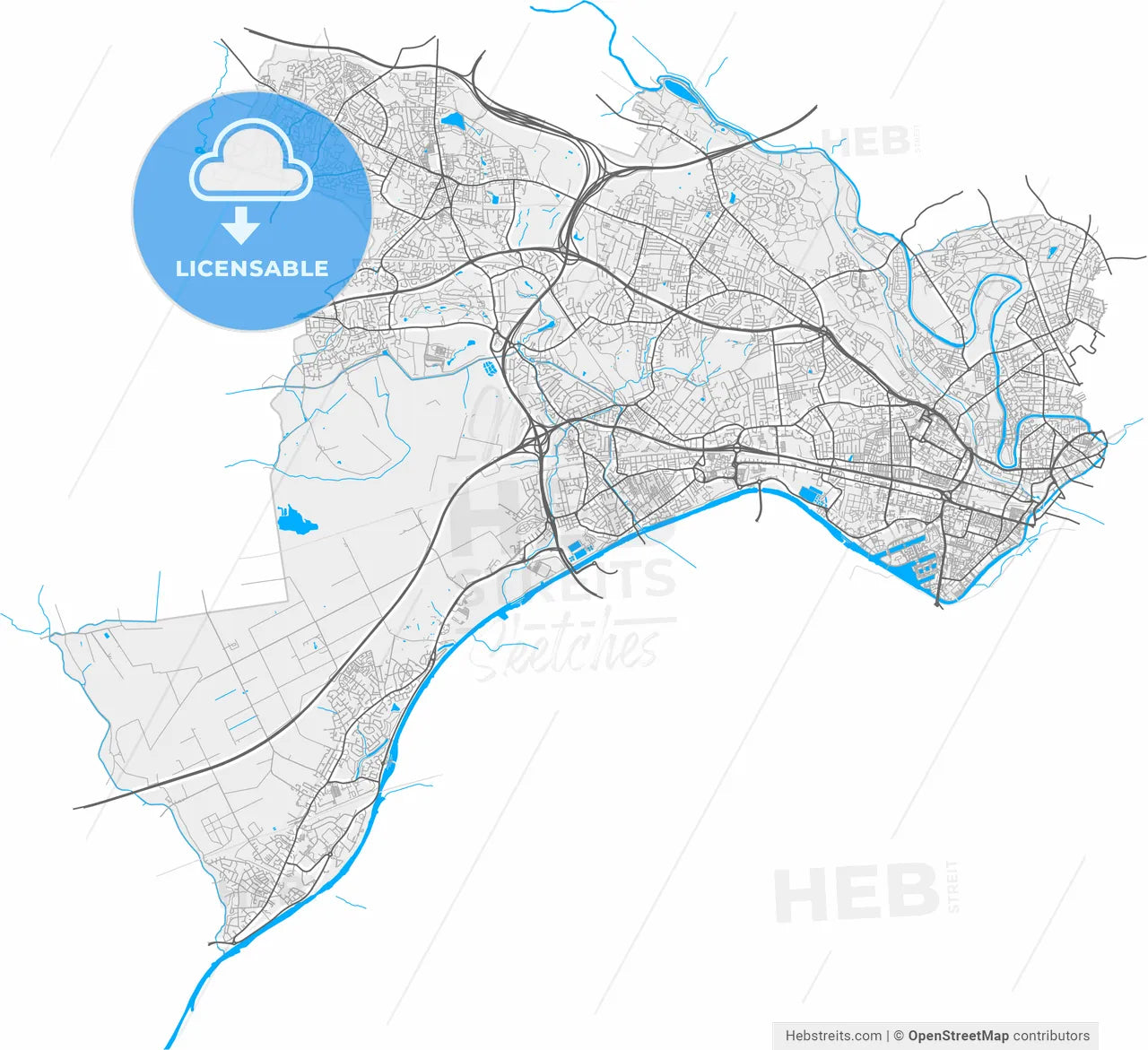 Salford, North West England, England, high resolution vector map - Instant download PDF and JPG