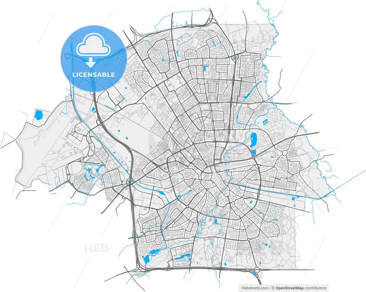 Eindhoven, North Brabant, Netherlands, high resolution vector map - Instant download PDF and JPG
