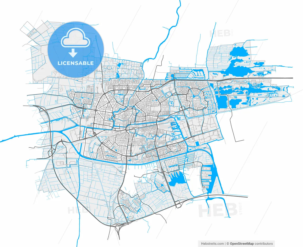 Leeuwarden, Friesland, Netherlands, high resolution vector map - Instant download PDF and JPG