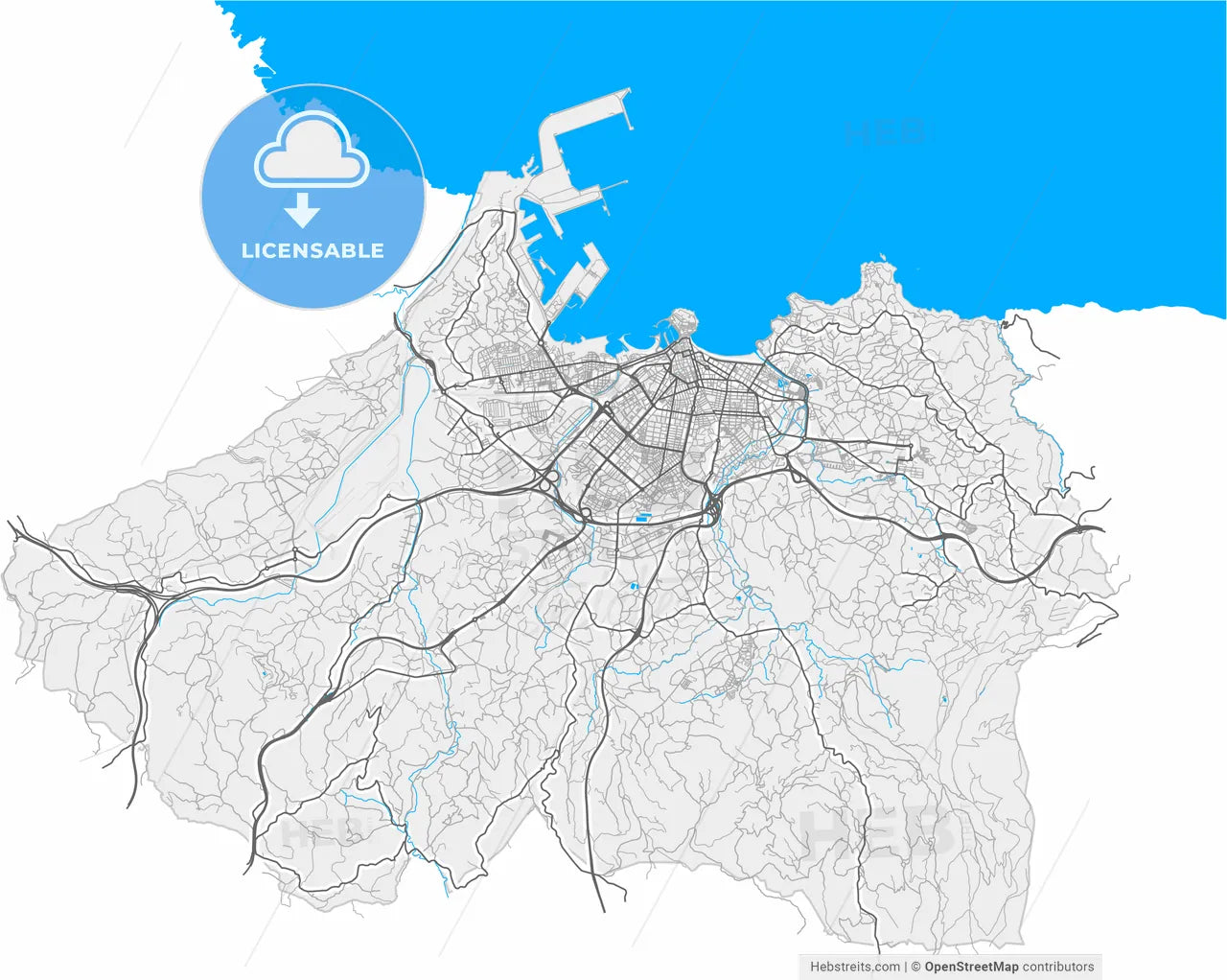 Gijón, Asturias, Spain, high resolution vector map - Instant download PDF and JPG