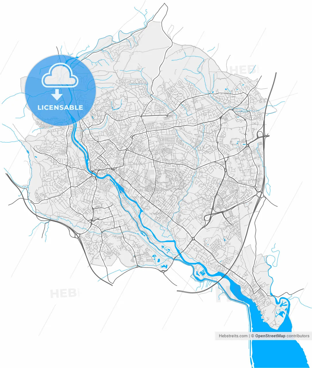 Exeter, South West England, England, high resolution vector map - Instant download PDF and JPG