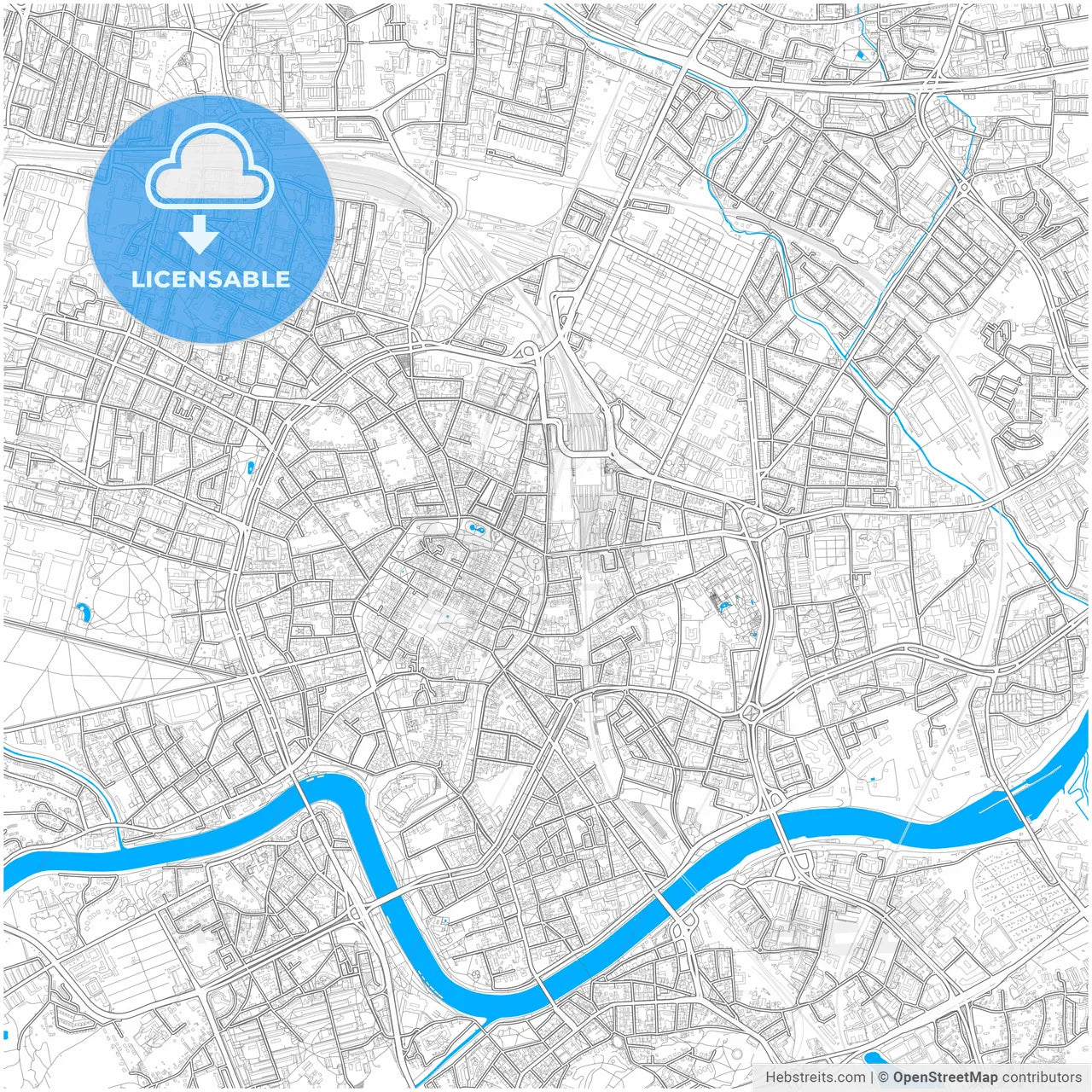 Kraków, Lesser Poland, Poland, city map with high resolution roads.