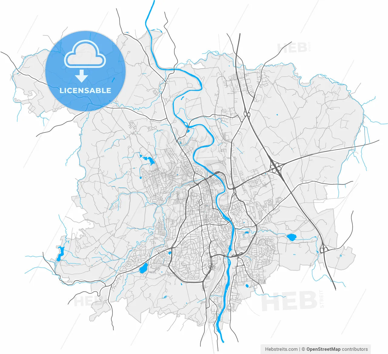 Kempten (Allgau), Bavaria, Germany, high resolution vector map - Instant download PDF and JPG