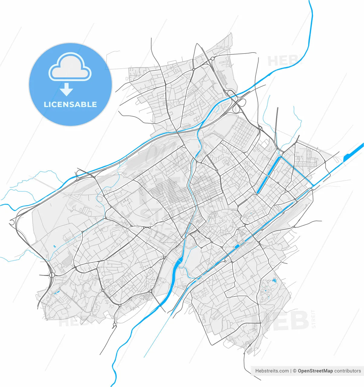 Mulhouse, Haut-Rhin, France, high resolution vector map - Instant download PDF and JPG