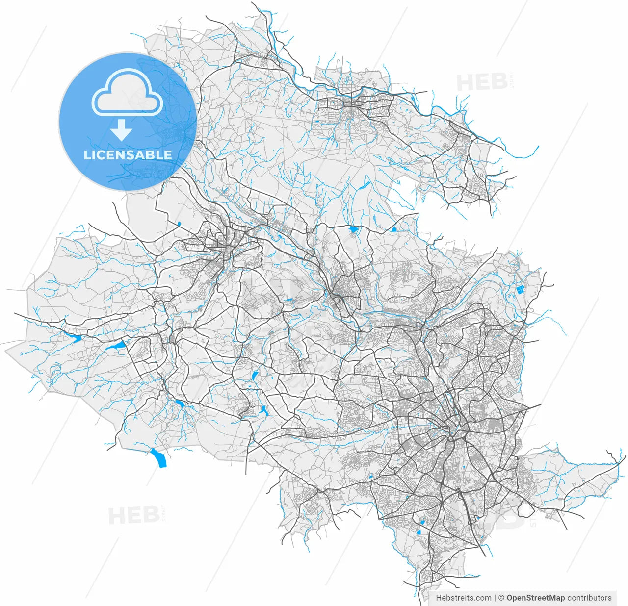 Bradford, Yorkshire and the Humber, England, high resolution vector map - Instant download PDF and JPG