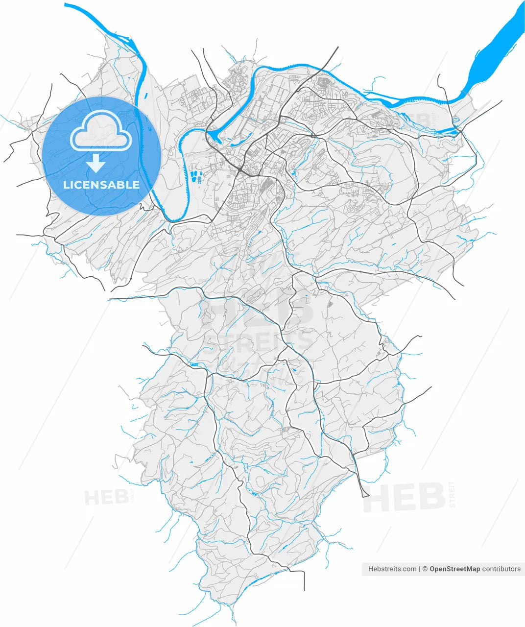 Hattingen, North Rhine-Westphalia, Germany, high resolution vector map - Instant download PDF and JPG
